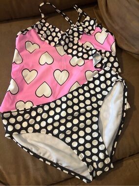 Luvable Friends Pink Heart One-Piece with Black & White Polka Dot Trim